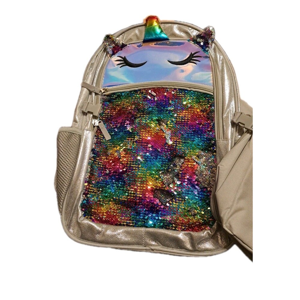 Gray Silver Sparkle Unicorn School 16" Backpack & Lunch Bag Set Sequins New - Picture 3 of 5